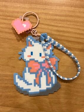 Pink & Blue Pixel Cat Keychain - Cute Cat Accessory Handmade Perler Bead NEW